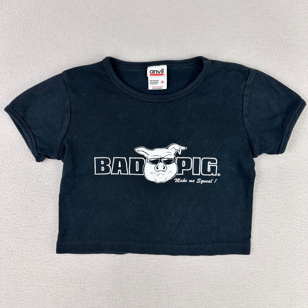 Vintage Y2K Graphic T-Shirt Womens S Black "Bad Pig, Make me Sqeal" Grunge Biker